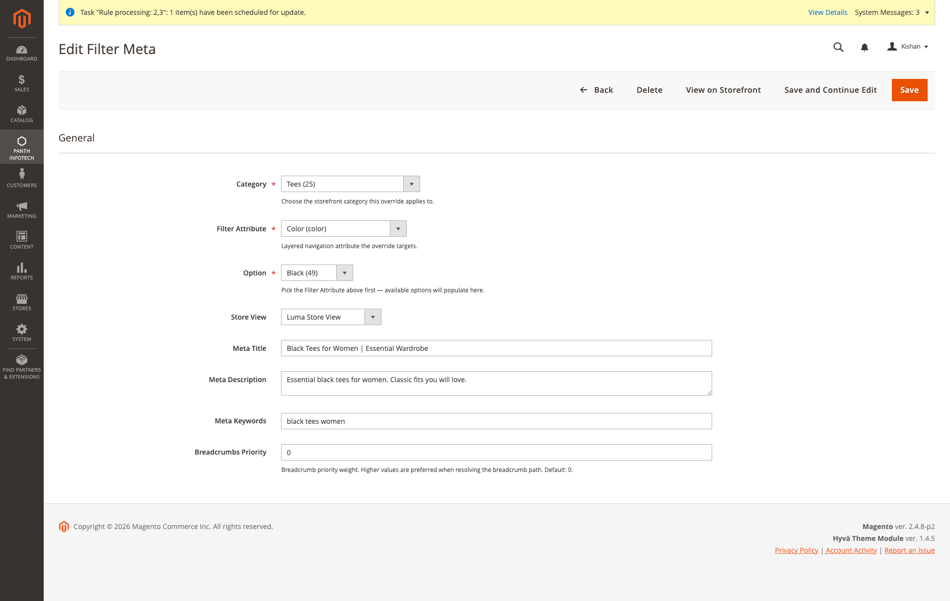 Edit Filter Meta form — category, attribute, option, store view, meta title, description, keywords, breadcrumb priority