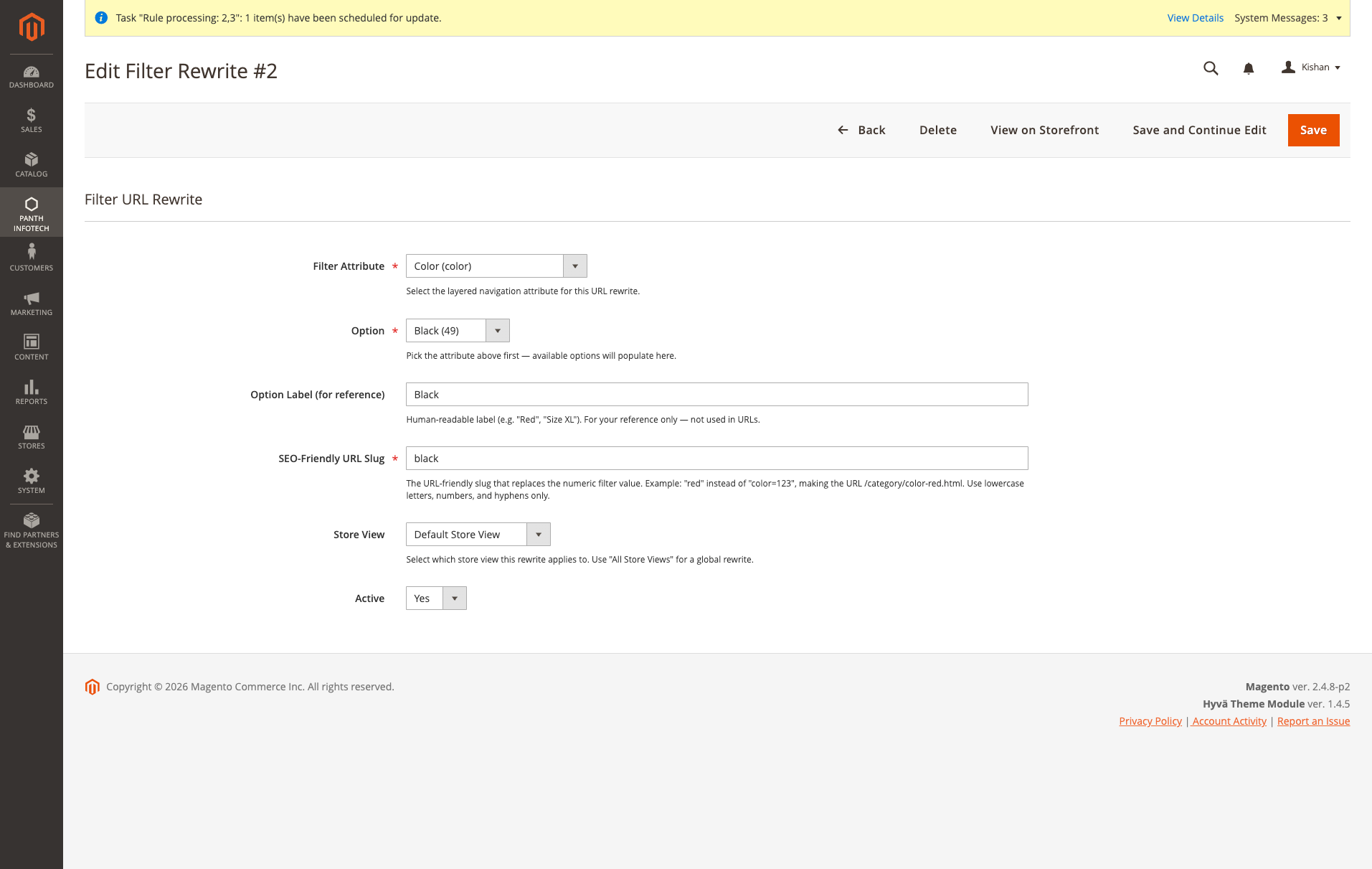Edit Filter Rewrite form — attribute, option, slug, store view, active toggle