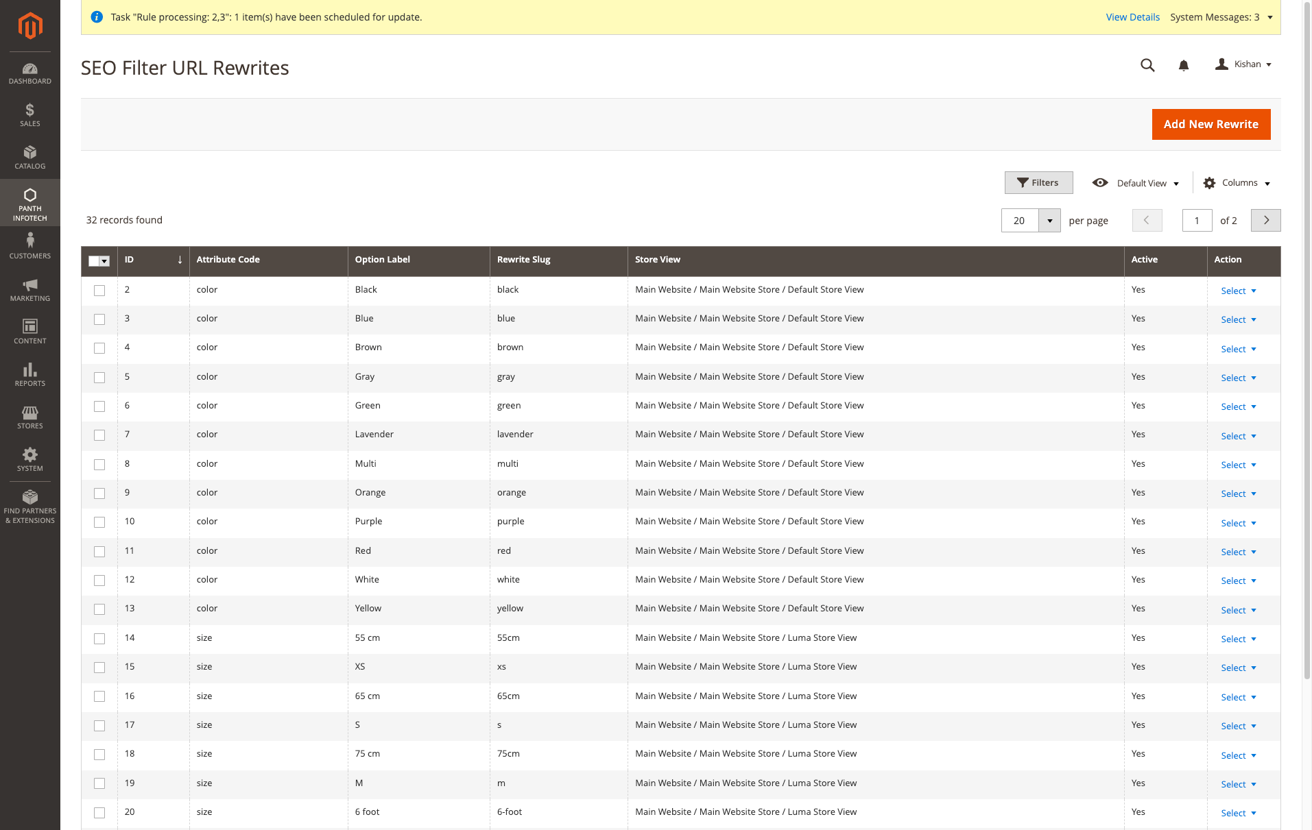 SEO Filter URL Rewrites grid with attribute code, option label, rewrite slug, store view and active status