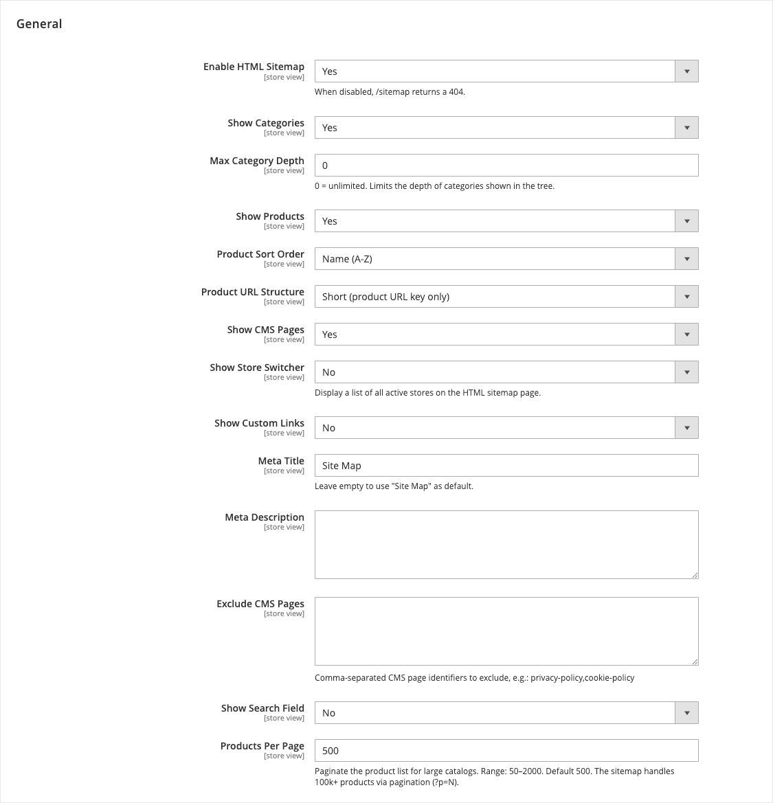 Admin Configuration — Stores → Configuration → Panth Infotech → HTML Sitemap