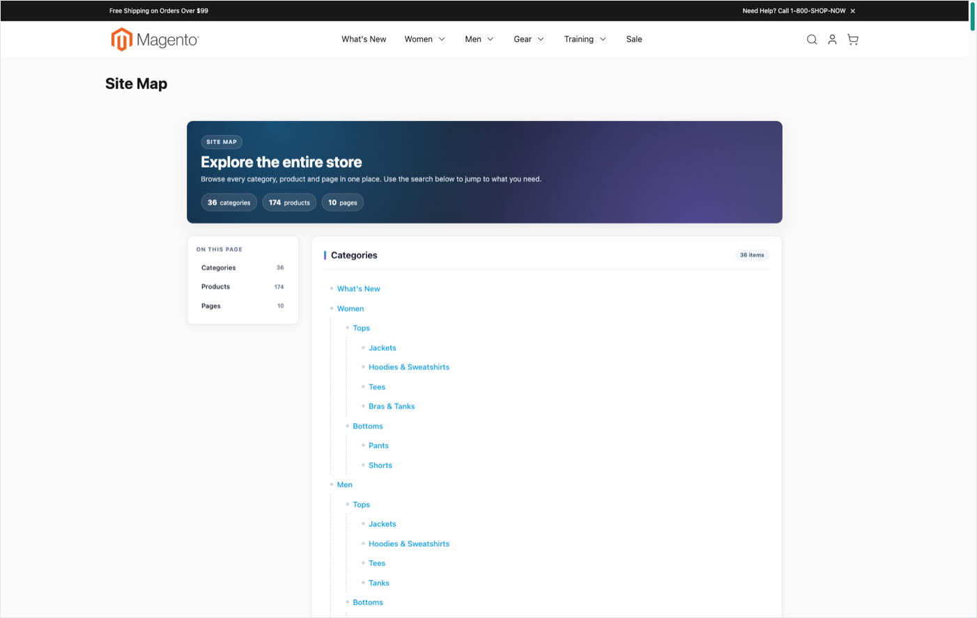 Hyvä — hero banner + category tree with 'On this page' sidebar