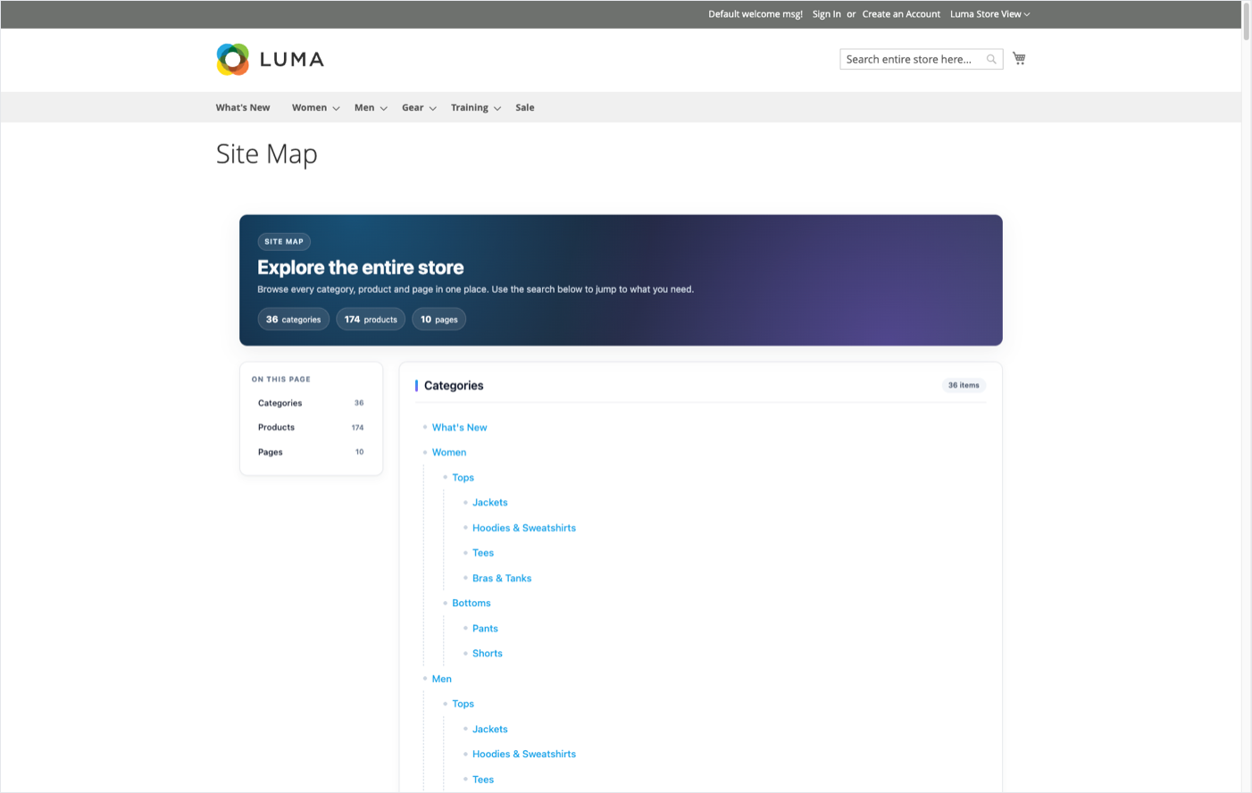 Luma — hero banner + category tree with 'On this page' sidebar