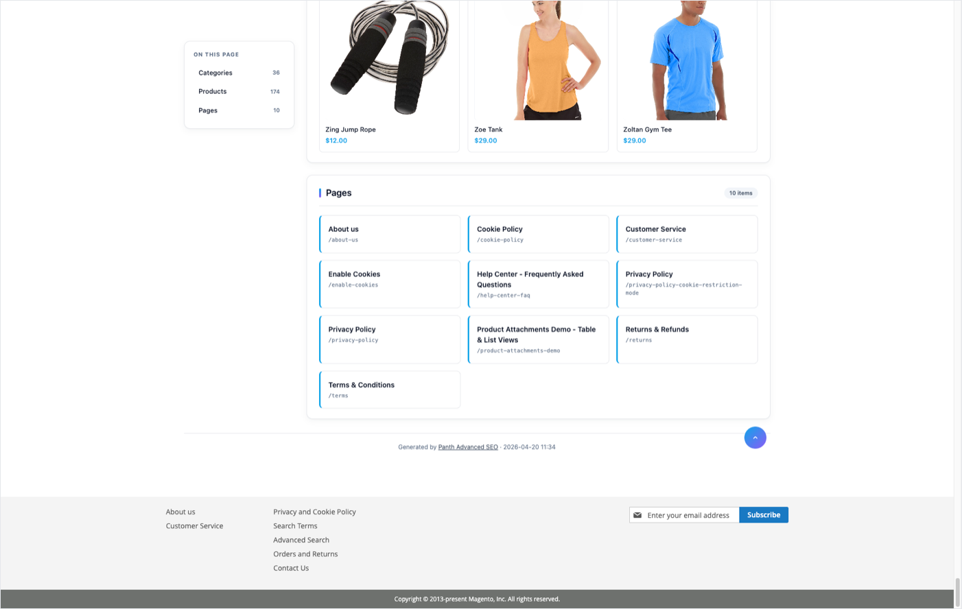 Luma — CMS pages section and footer
