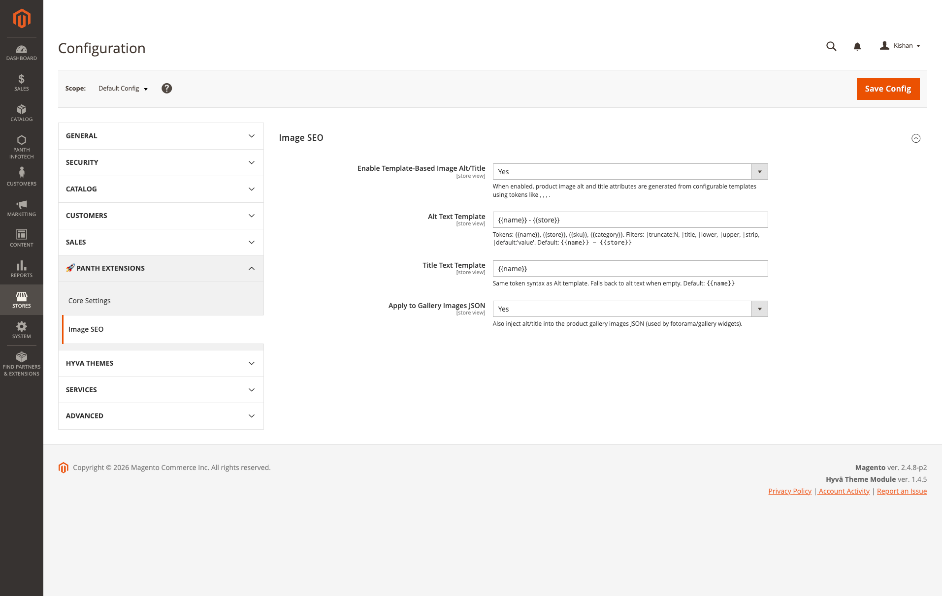 Panth Image SEO admin configuration screen — Enable Template-Based Image Alt/Title, Alt Text Template, Title Text Template, Apply to Gallery Images JSON