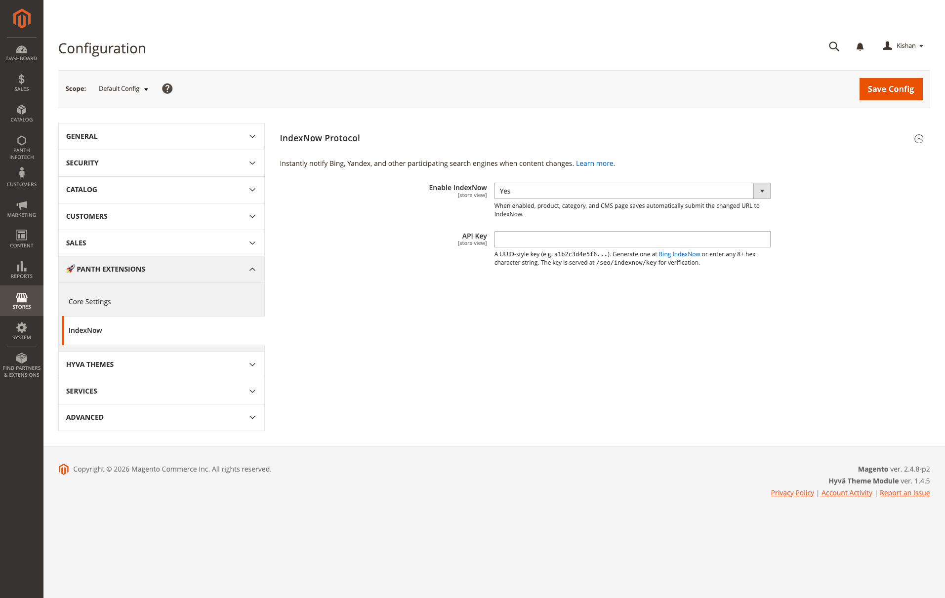 Panth IndexNow admin configuration screen — Enable IndexNow, API Key, Bing IndexNow link, key served at /panth_indexnow/key