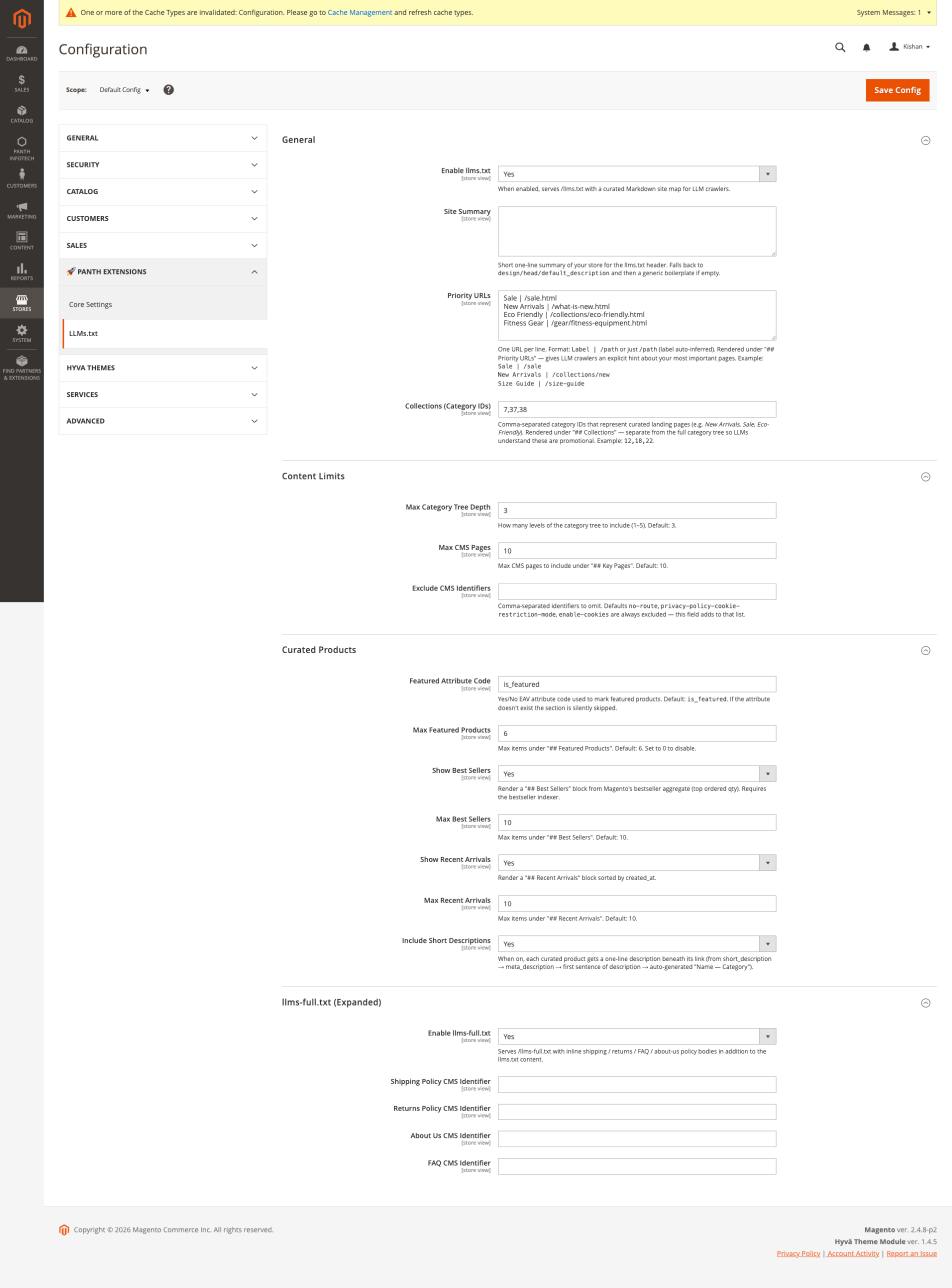 Panth LLMs.txt v1.2 admin configuration — four fieldsets (General, Content Limits, Curated Products, llms-full.txt) with inline help text and scope hints