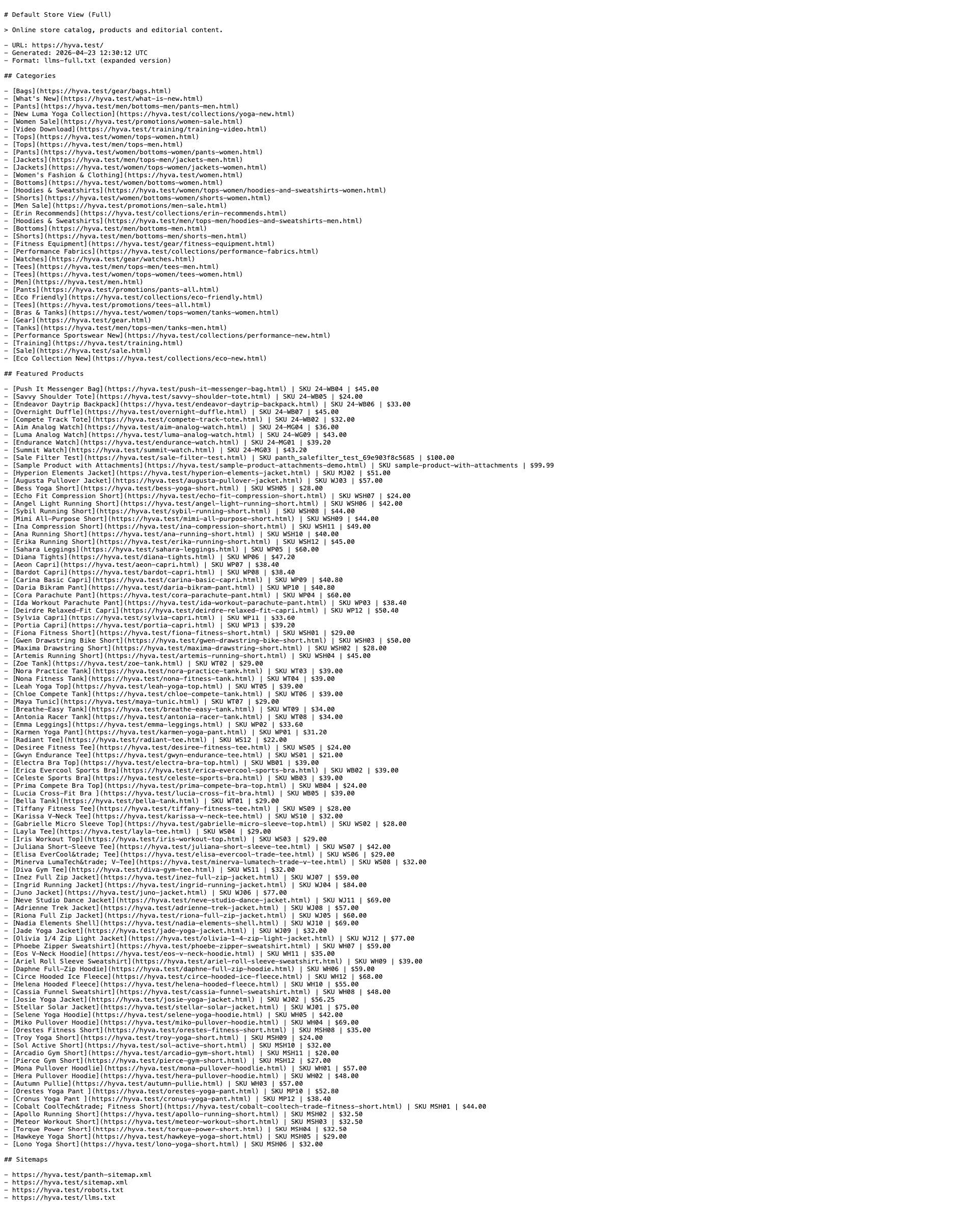 Panth LLMs.txt rendered on Hyva — store overview, category tree, featured products, policy bodies