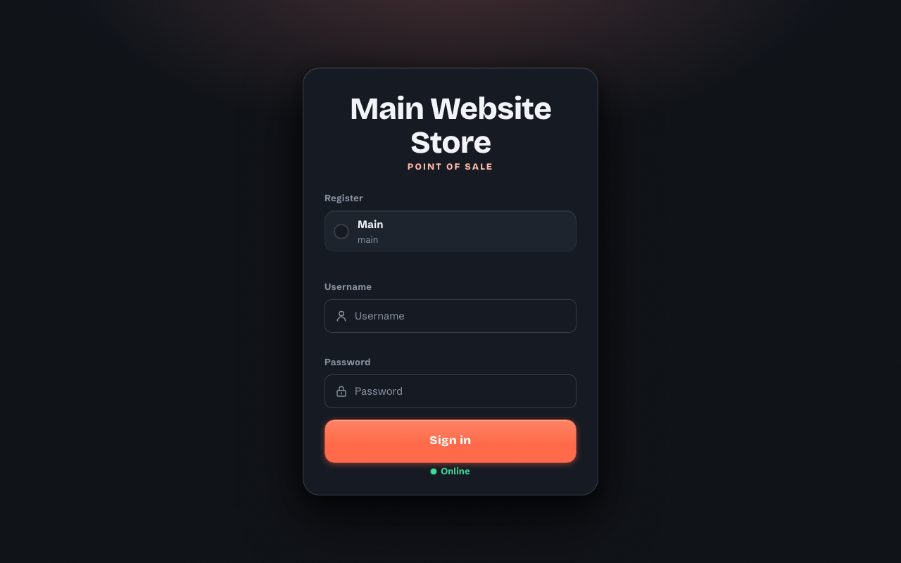 Cashier login screen of the Magento 2 POS terminal with username, password and register selection