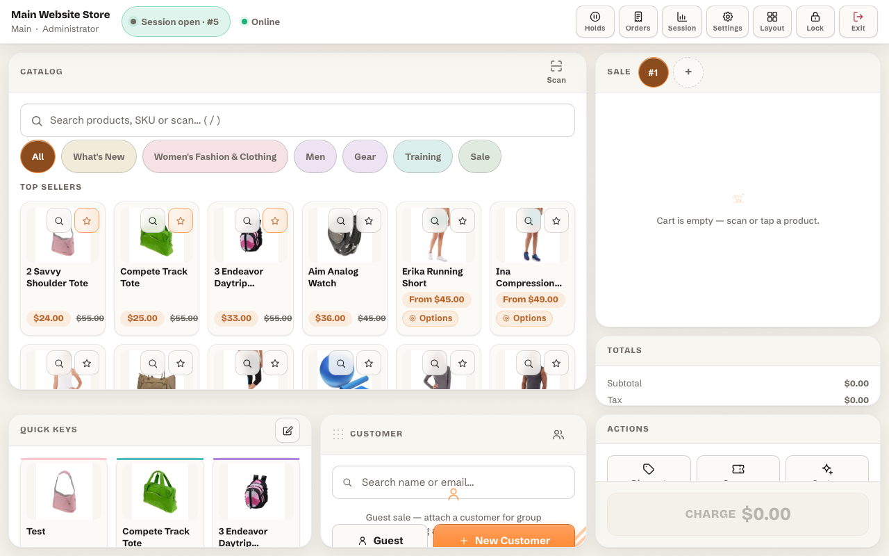 Panth MagePos main POS workspace — Magento 2 point of sale terminal in the light Paper theme with catalog, quick keys, cart and customer panels