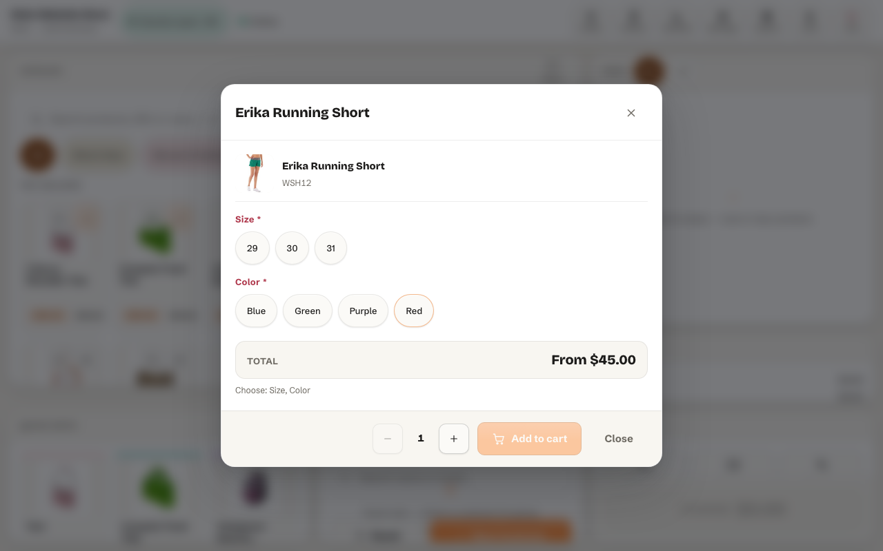 Configurable product option selection modal in the Magento 2 POS — choosing size and color variants