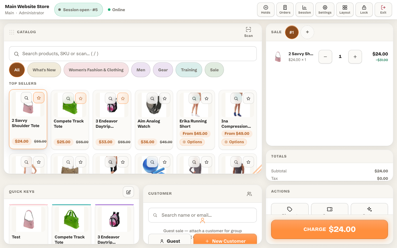 Quick keys panel in the Magento 2 POS — pinned favorite product tiles