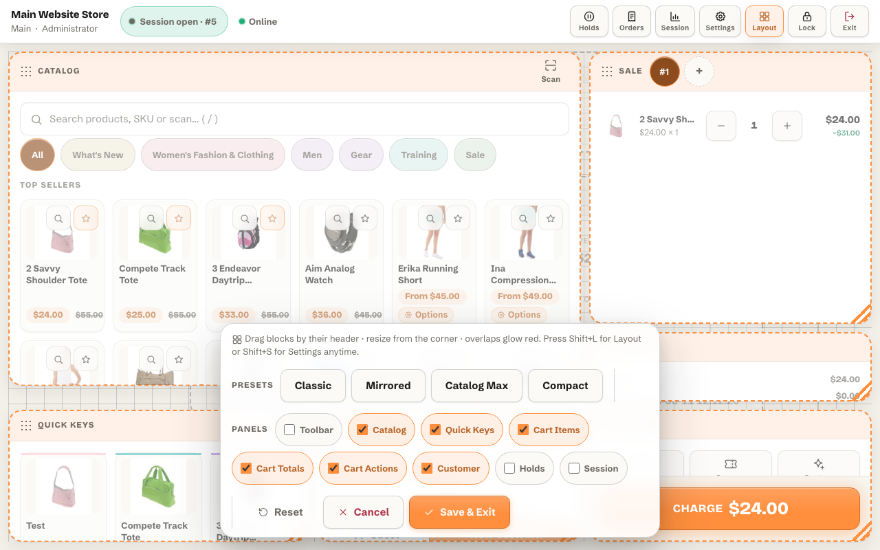 Drag-and-drop layout editor of the Magento 2 POS terminal — freely moving and resizing panels on a grid