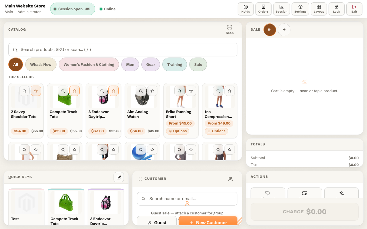 Panth MagePos running identically on the Magento Luma theme — theme-independent POS terminal