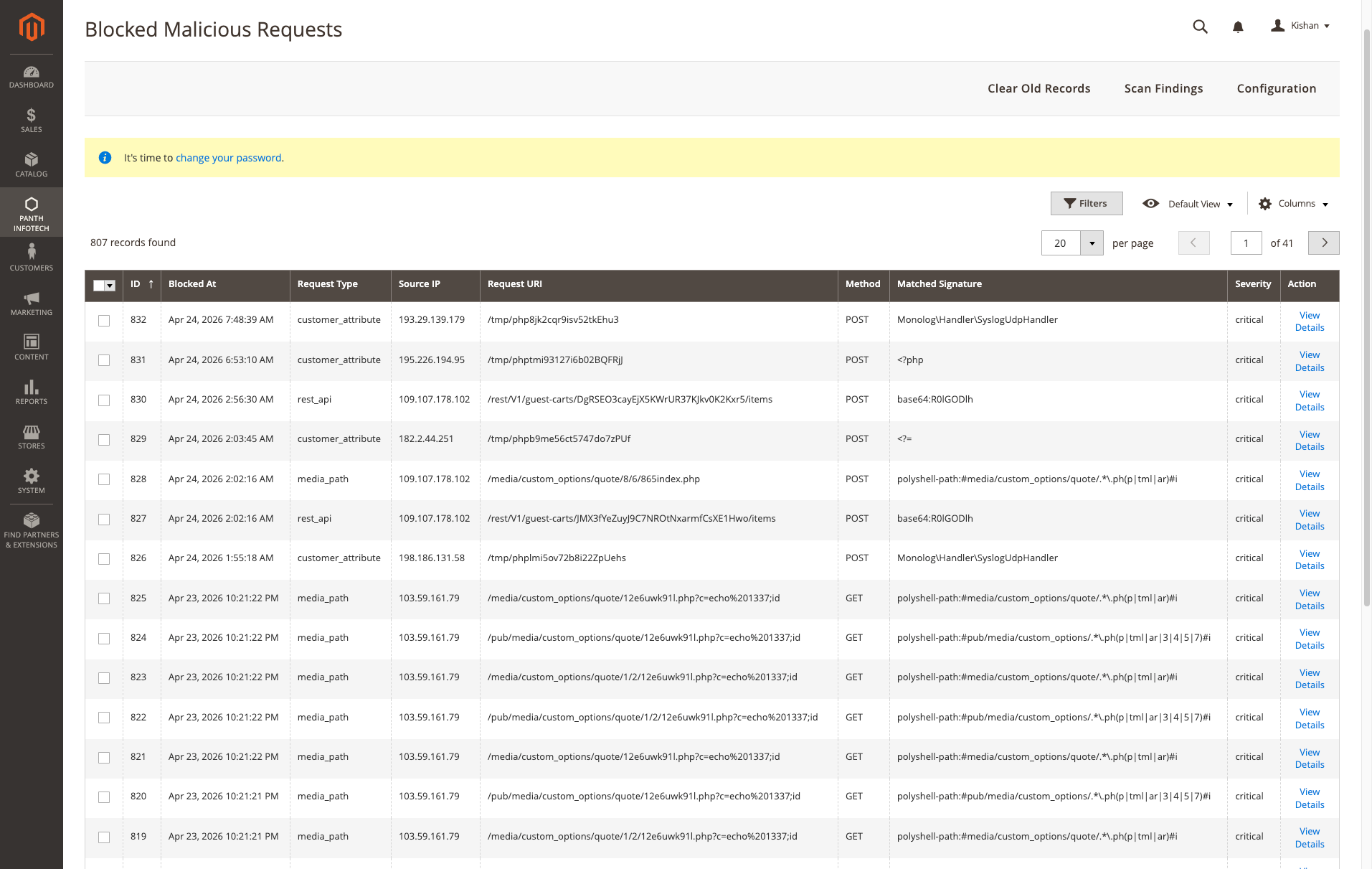 Panth Malware Scanner admin grid showing 807 blocked malicious requests — real PolyShell attacks against a live Magento 2.4.8 store, April 2026. Attackers targeted /media/custom_options/quote/*.php and /rest/V1/guest-carts endpoints; each request blocked with polyshell-path and base64:R0lGODlh signatures.