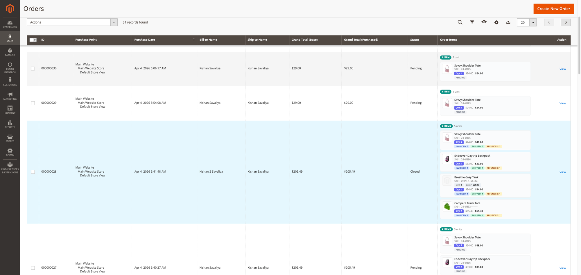 Panth Ordered Items — Order Grid Preview