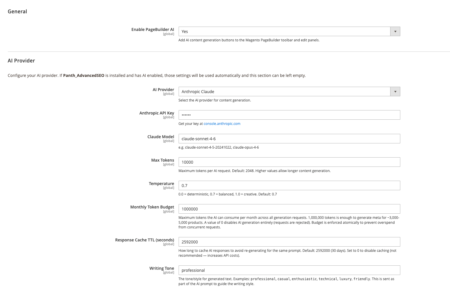 System Configuration — Enable PageBuilder AI, AI provider (Anthropic Claude / OpenAI), API key, model, max tokens, temperature, monthly token budget, cache TTL, writing tone