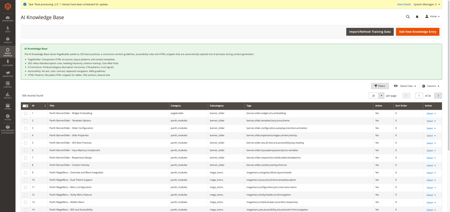 AI Knowledge Base admin grid — PageBuilder patterns, SEO rules, e-commerce guidelines, accessibility rules, and HTML snippets that get injected into AI prompts