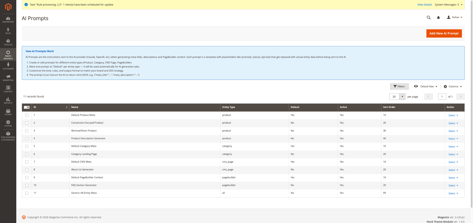 AI Prompts admin grid — manage reusable prompt templates per entity type with default and active flags