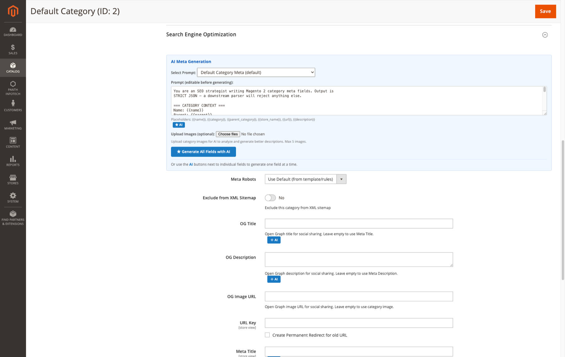 Category admin form — AI Meta Generation panel with per-field AI buttons for OG Title, OG Description, Meta Title, and URL key