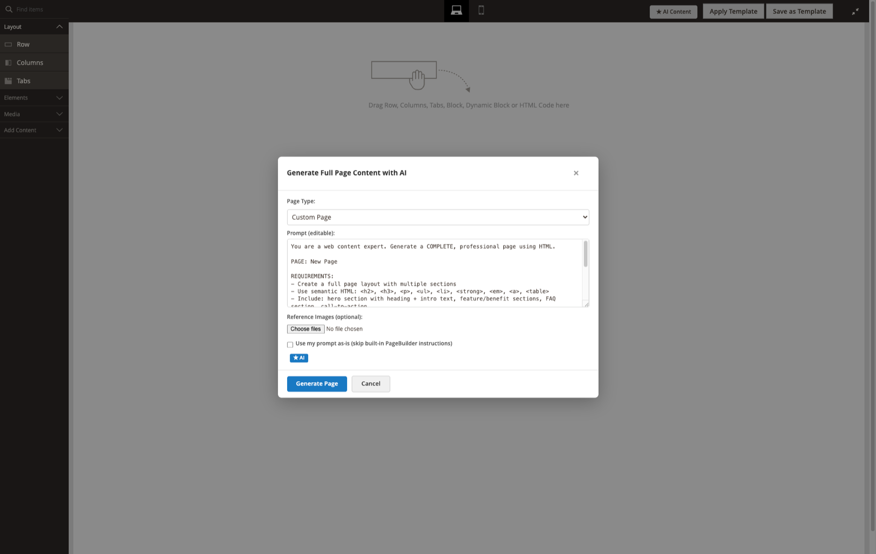 Generate Full Page Content with AI — PageBuilder stage dialog with page-type preset, prompt, reference image upload, and raw-prompt toggle
