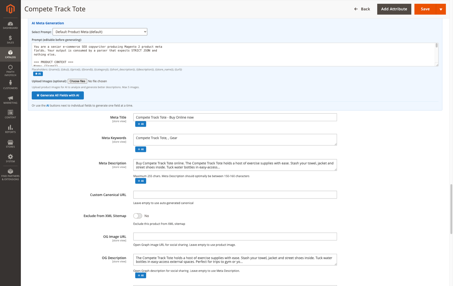Product admin form — AI Meta Generation panel with prompt selector, placeholders, and per-field AI buttons generating meta title, meta keywords, meta description, and Open Graph fields
