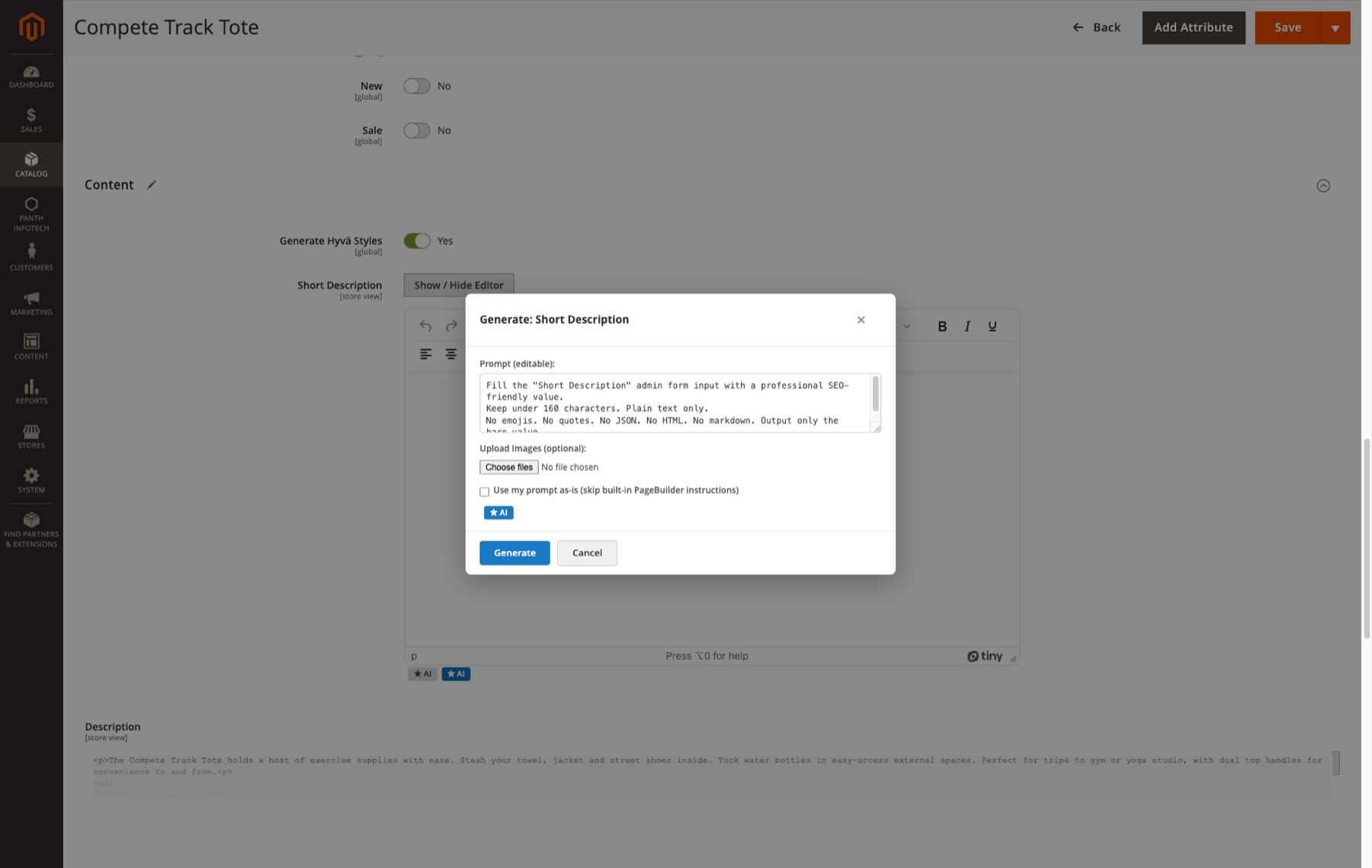 Per-field AI dialog on the Product edit form — generate a short description with optional image upload and raw-prompt toggle
