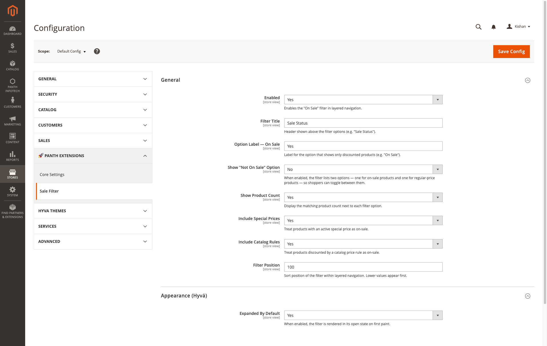 Admin configuration (Appearance section, Hyvä group)