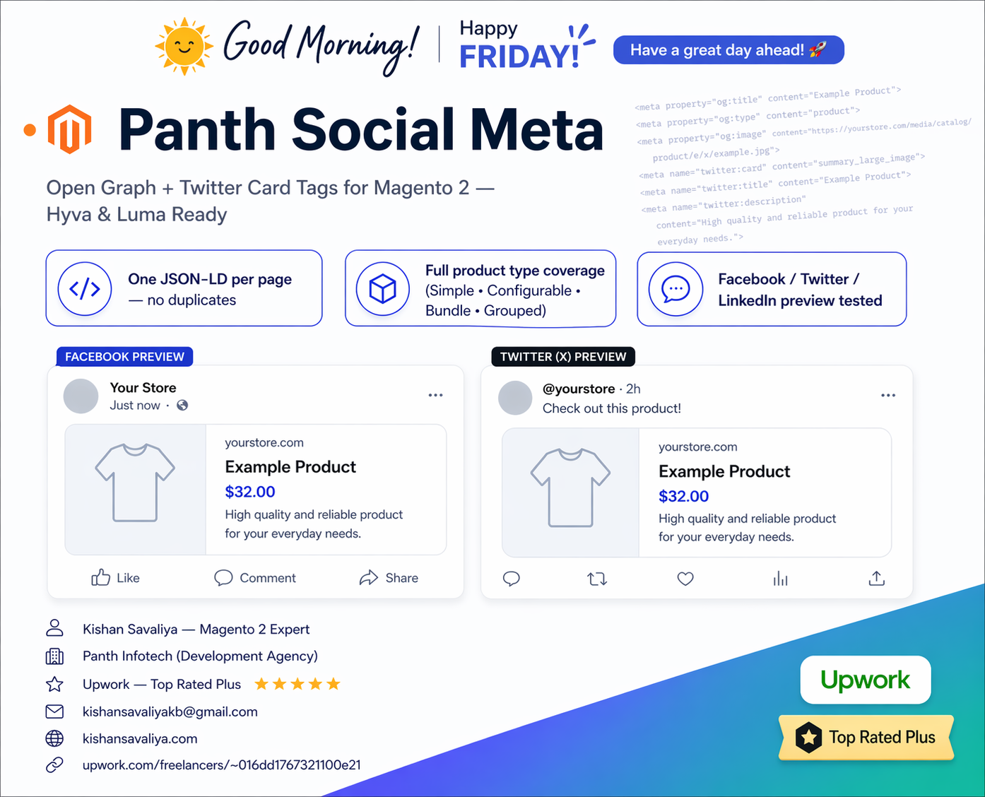 Panth Social Meta — free Open Graph and Twitter Card extension for Magento 2, built by Kishan Savaliya (Panth Infotech), Top Rated Plus on Upwork.