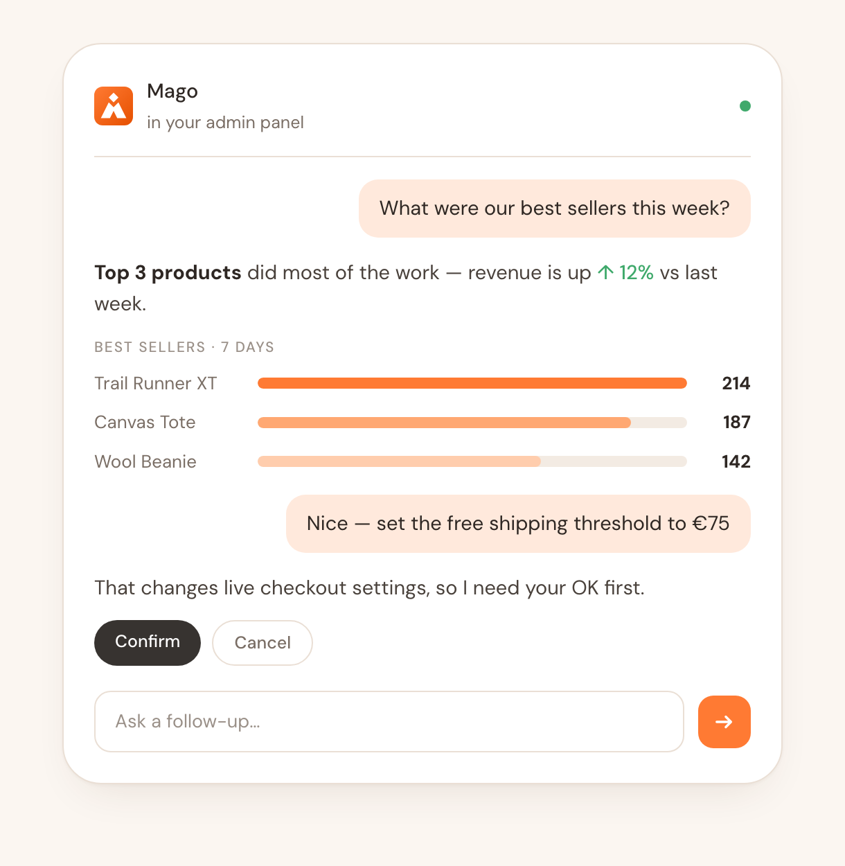 Mago chat in the Magento admin: a best-sellers question answered with a bar chart, followed by a settings change waiting for confirmation