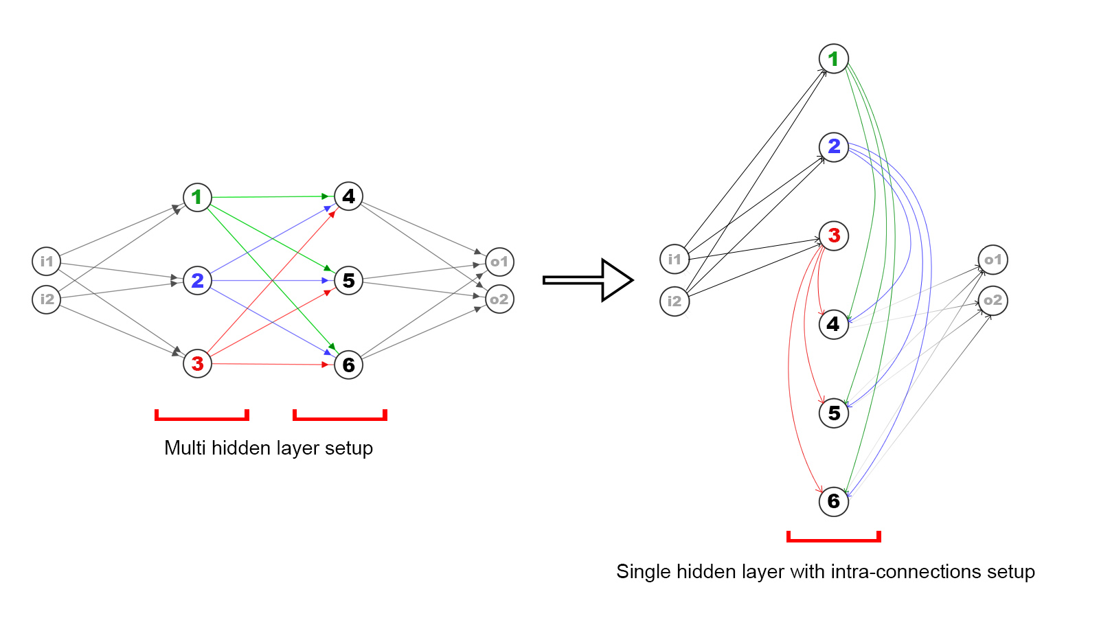 Dynamic topology: the same neurons can form multi-layer or single-layer-with-intra-connections depending on how evolution wires them