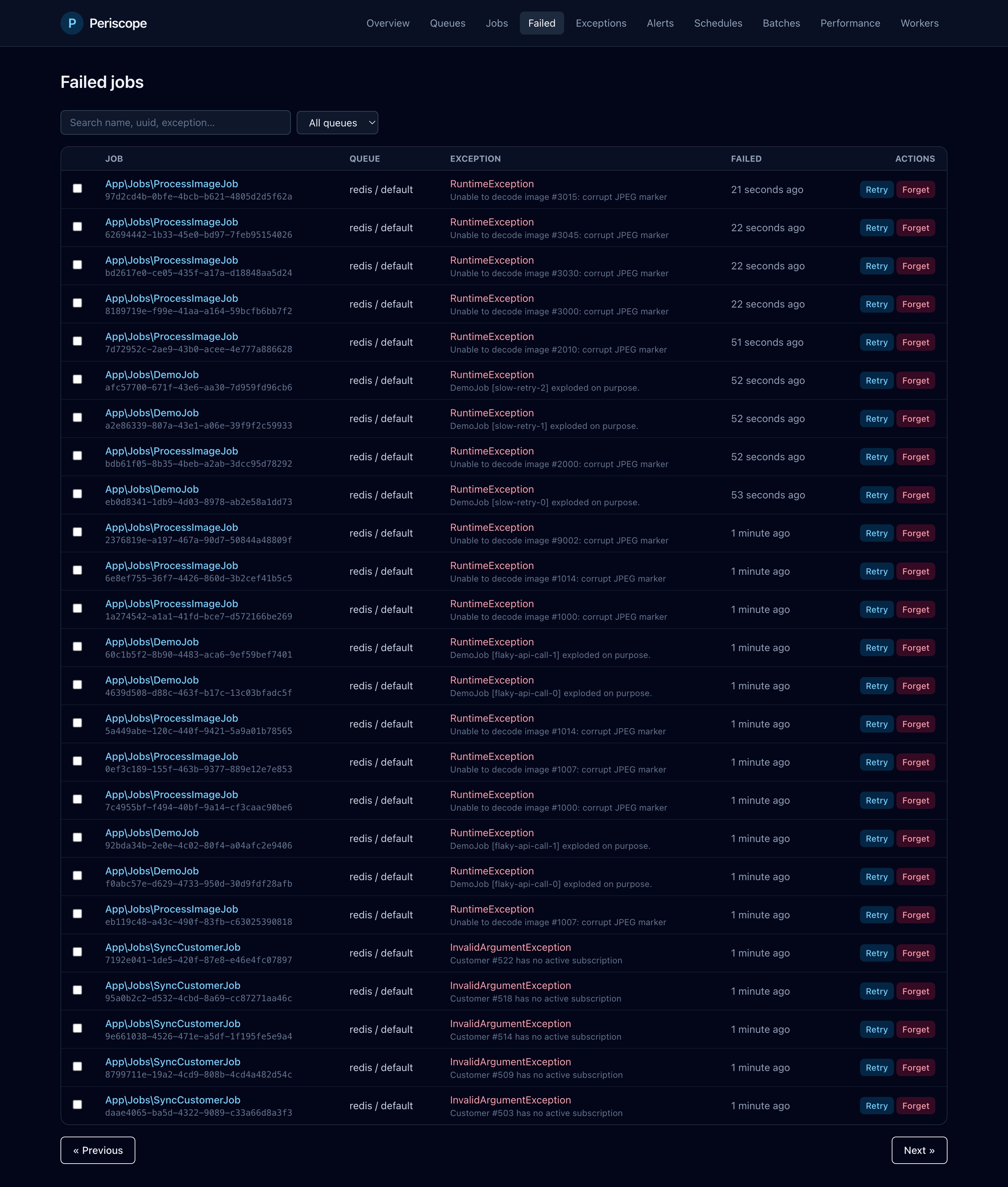 Failed jobs page with bulk actions