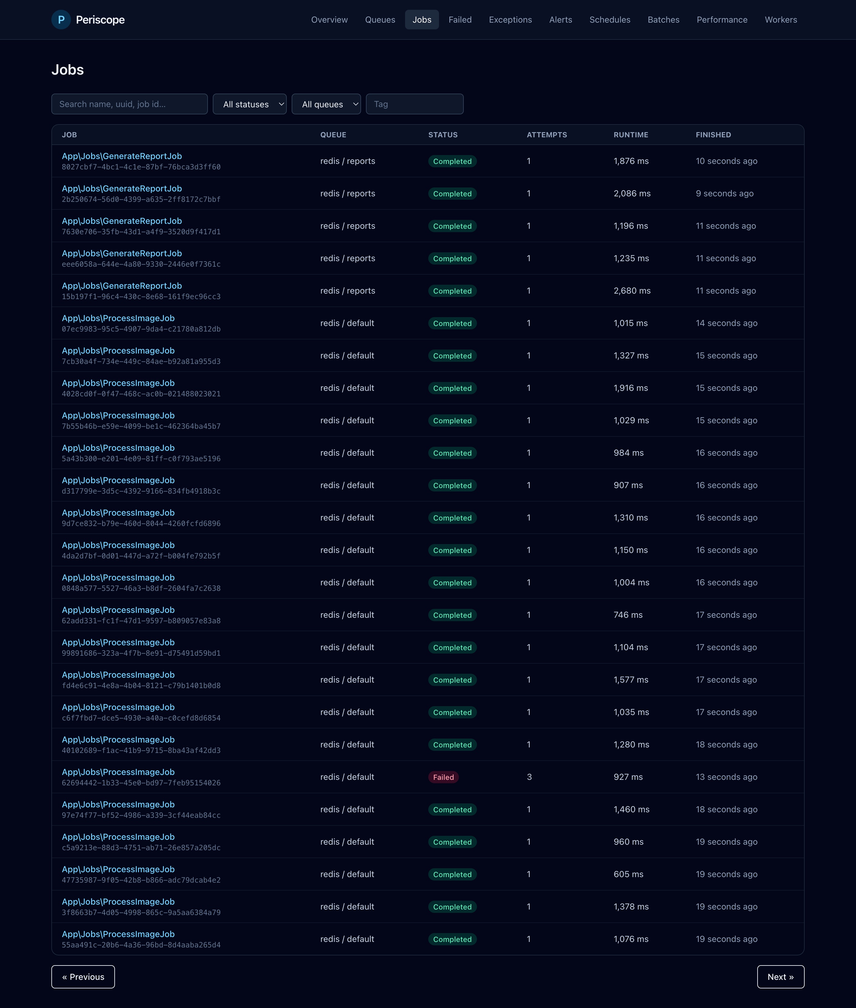 Jobs list with status, queue, and tag filters