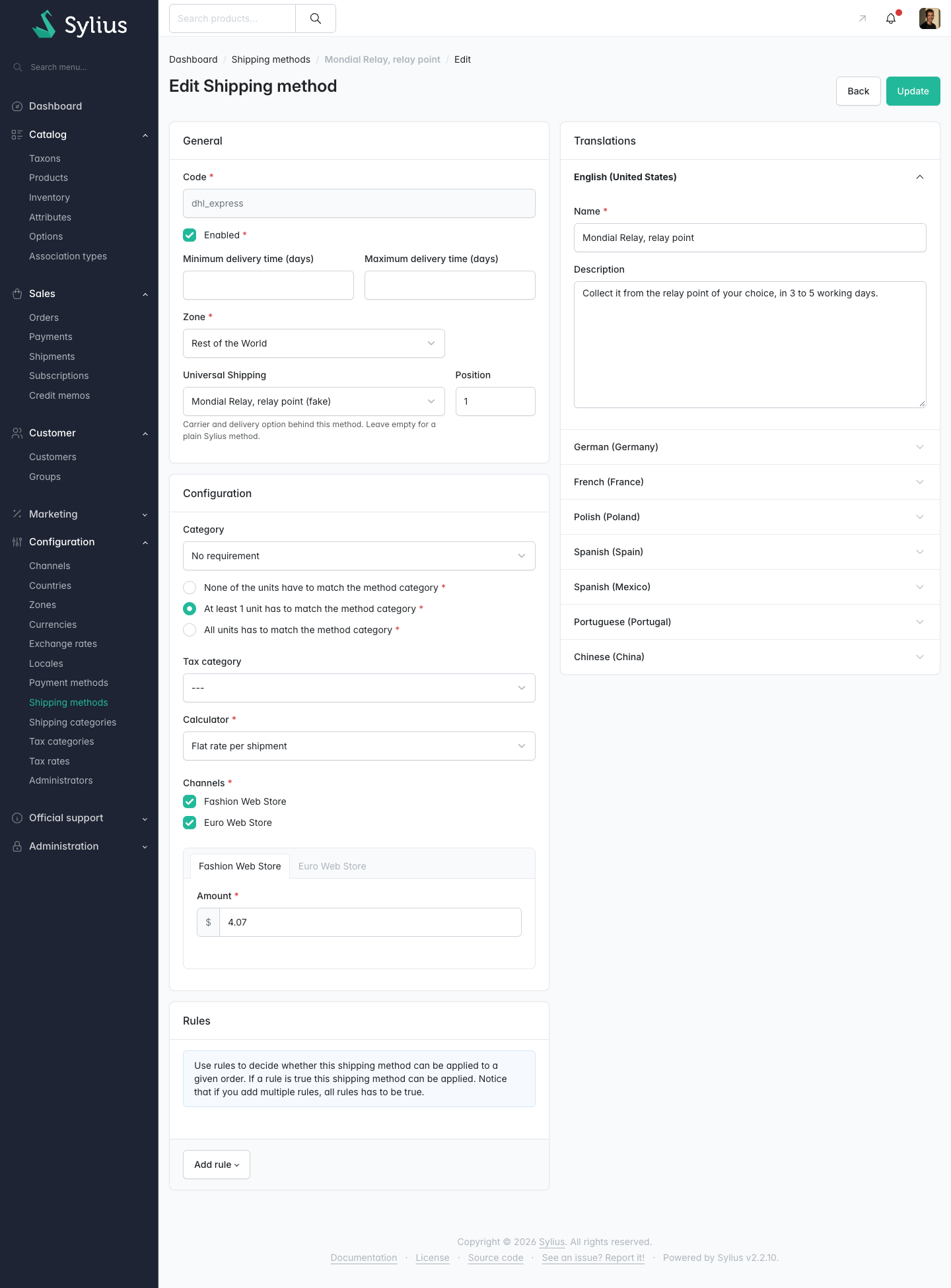 The Universal Shipping field on a shipping method