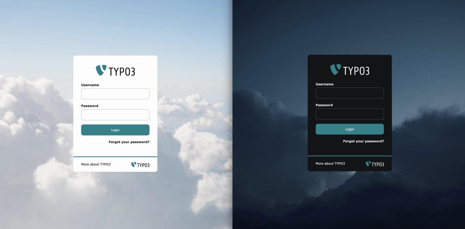 TYPO3 backend login screen, light mode with a bright background image on the left, dark mode with a dark background image on the right