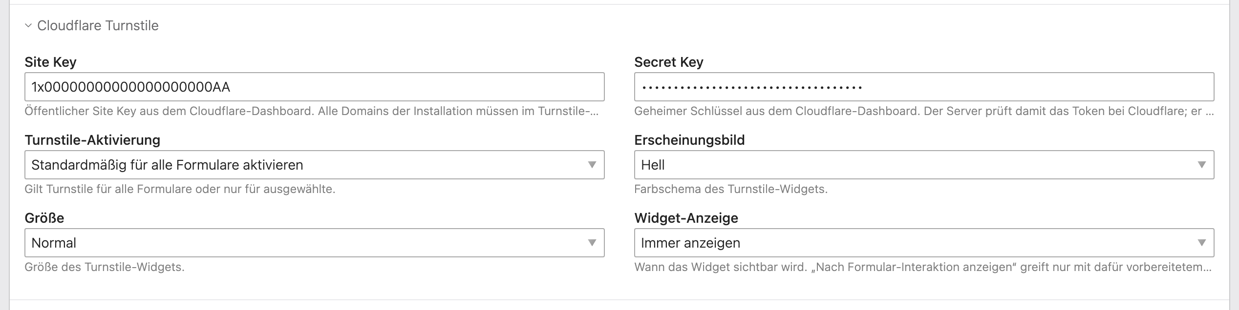 Cloudflare-Turnstile-Einstellungen im Contao-Backend
