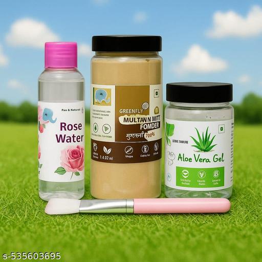 Mitti Powder 100% Natural for Skin (200g), Rose Water (120ml), Face Pack Brush & Aloe Vera Gel - MC-FASHIONS.COM