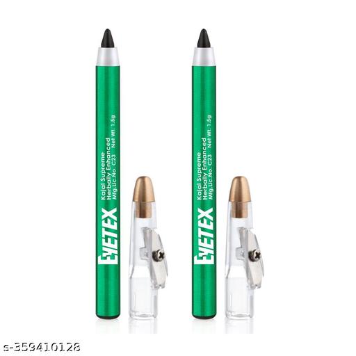 Kajal Supreme Herbally Enhanced, 1.5g (Pack of 2), Black, Deep Black Matte Finish, Smudge-Proof, Water-Resistant, Vegan, Earthen Pigments, Extracts of Aloe & Carnauba, 6-hr stay, Built-In Sharpener. - MC-FASHIONS.COM