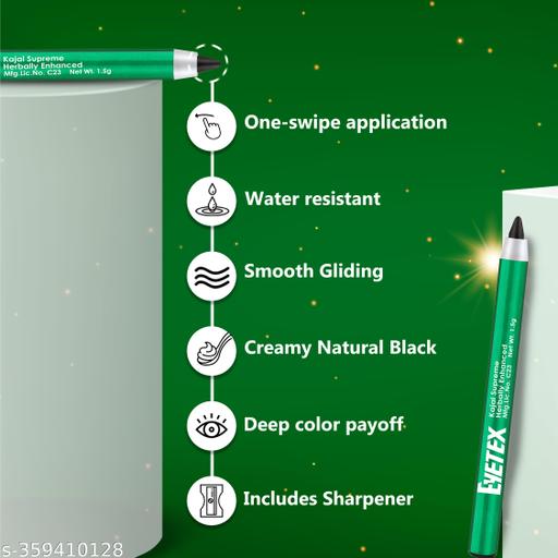 Kajal Supreme Herbally Enhanced, 1.5g (Pack of 2), Black, Deep Black Matte Finish, Smudge-Proof, Water-Resistant, Vegan, Earthen Pigments, Extracts of Aloe & Carnauba, 6-hr stay, Built-In Sharpener. - MC-FASHIONS.COM