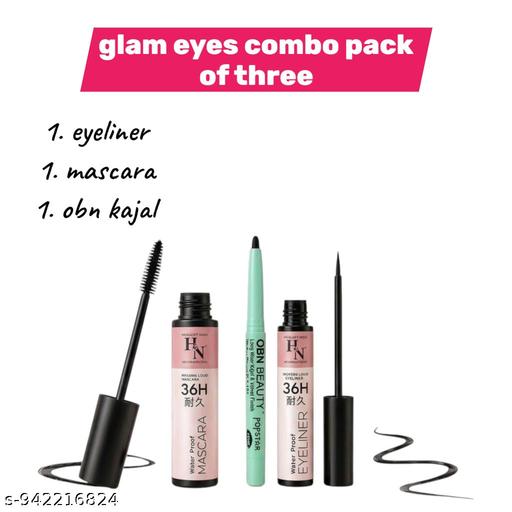 Waterproof Glam Eyes Combo Pack of 3 Black Mascara Kajal Eyeliner for Women Long Wear Eye Makeup Beauty  - MC-FASHIONS.COM