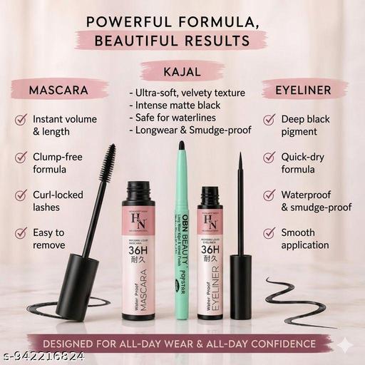 Waterproof Glam Eyes Combo Pack of 3 Black Mascara Kajal Eyeliner for Women Long Wear Eye Makeup Beauty  - MC-FASHIONS.COM