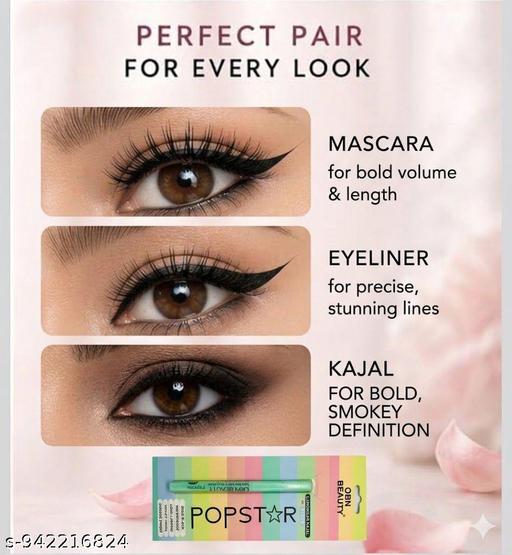 Waterproof Glam Eyes Combo Pack of 3 Black Mascara Kajal Eyeliner for Women Long Wear Eye Makeup Beauty  - MC-FASHIONS.COM