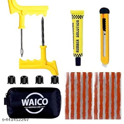 WAICO 6 in 1 Universal Tubeless Tyre Puncture Kit | with Tools, Tyre Valve, Knife, Puncture Strips, etc. | Emergency Flat Tire Repair Tool Set for Car, Bike, SUV, & Motorcycle. - MC-FASHIONS.COM