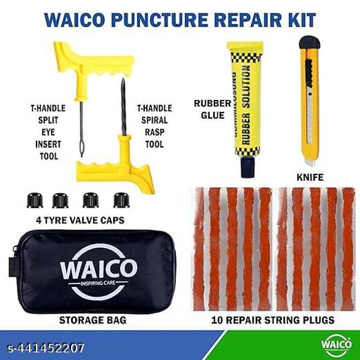 WAICO 6 in 1 Universal Tubeless Tyre Puncture Kit | with Tools, Tyre Valve, Knife, Puncture Strips, etc. | Emergency Flat Tire Repair Tool Set for Car, Bike, SUV, & Motorcycle. - MC-FASHIONS.COM