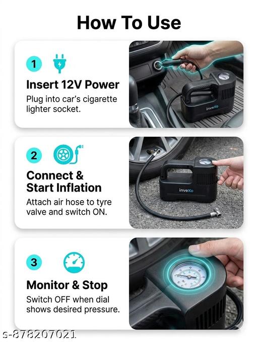 inveXo High Powerr 150 PSI Air Pump for Car & Bike | 12V D-C Portable Tyre Inflator | Direct Plug into Car Ciggarete Socket | Fast 30L/min Airflow | Analog Pressure Dial | Long 3Meter Wire | Durable Compact Design | No Battery | Not Rechargeable - MC-FASHIONS.COM