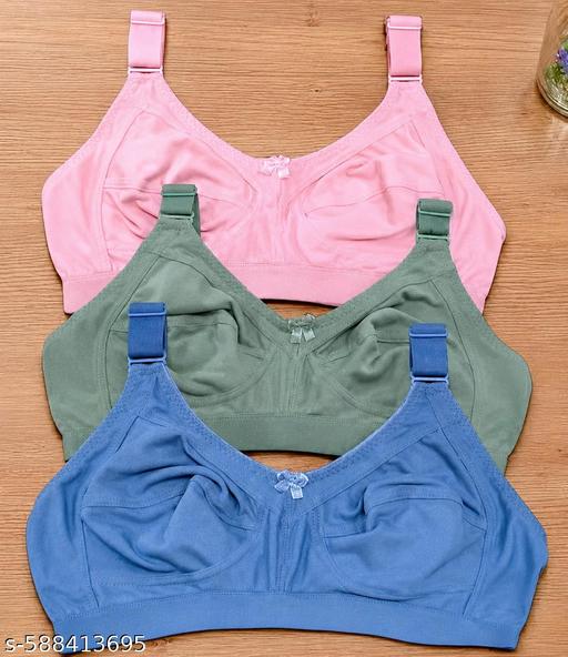 Women Cotton Blend Non Padded Wire Free Full Coverage T-Shirt Bra Seamless Daily Wear Bra Multicolor Pack of 3 (30-40) - MC-FASHIONS.COM