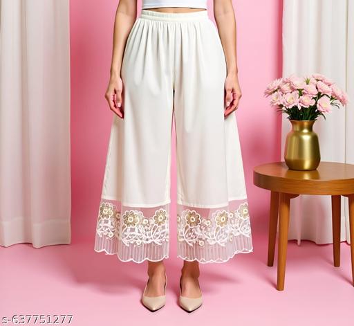 Plazo for Women | White Embroidered Lace Palazzo | Stylish Net Work Palazzo - MC-FASHIONS.COM