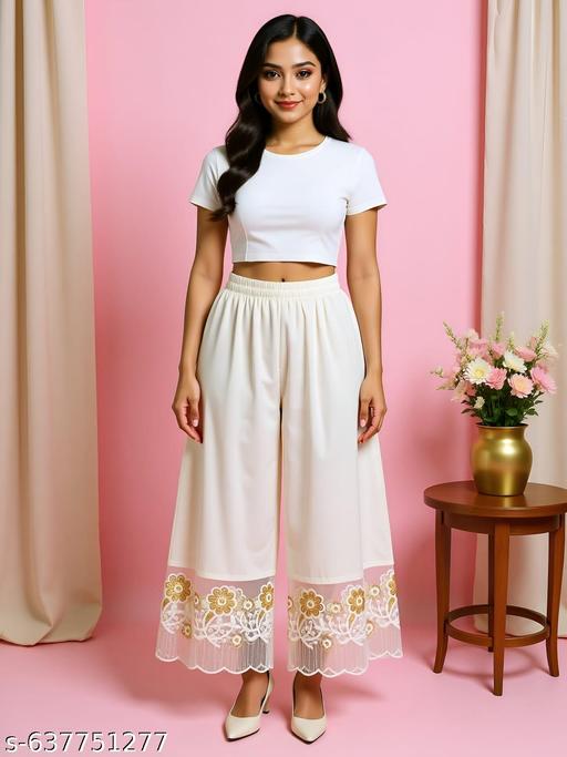Plazo for Women | White Embroidered Lace Palazzo | Stylish Net Work Palazzo - MC-FASHIONS.COM