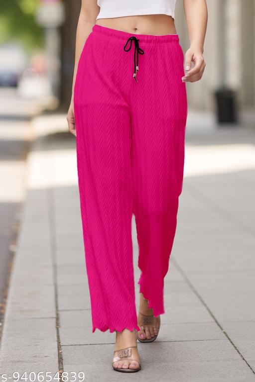 Women's Pink Textured Crinkle Palazzo | High Waist Elastic Waistband | Wide Leg Casual Palazzo Pant - MC-FASHIONS.COM