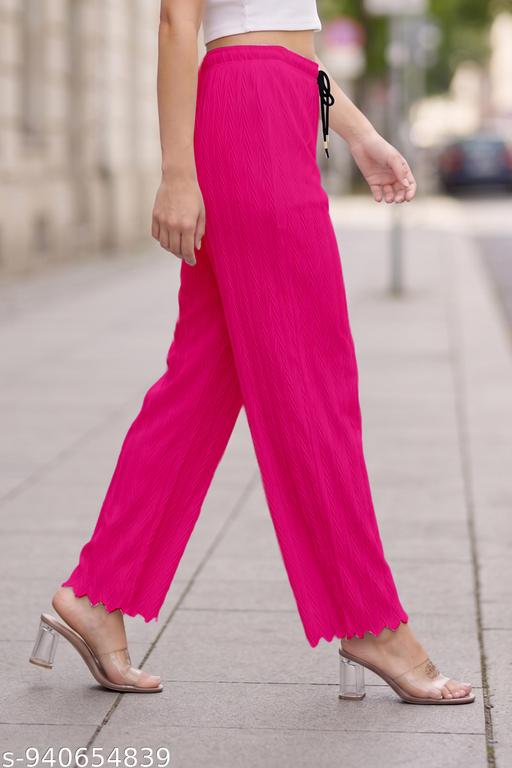 Women's Pink Textured Crinkle Palazzo | High Waist Elastic Waistband | Wide Leg Casual Palazzo Pant - MC-FASHIONS.COM
