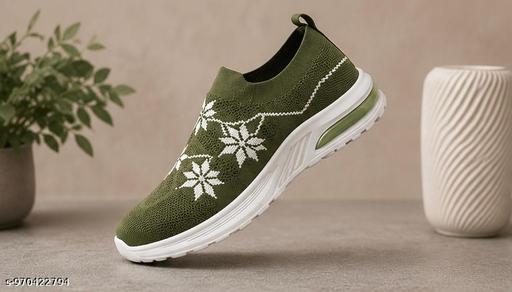 Women’s Olive Green Knitted Slip-On Walking Shoes | Lightweight Breathable Casual Sports Sneakers | Comfortable Daily Wear Shoes for Women & Girls - MC-FASHIONS.COM